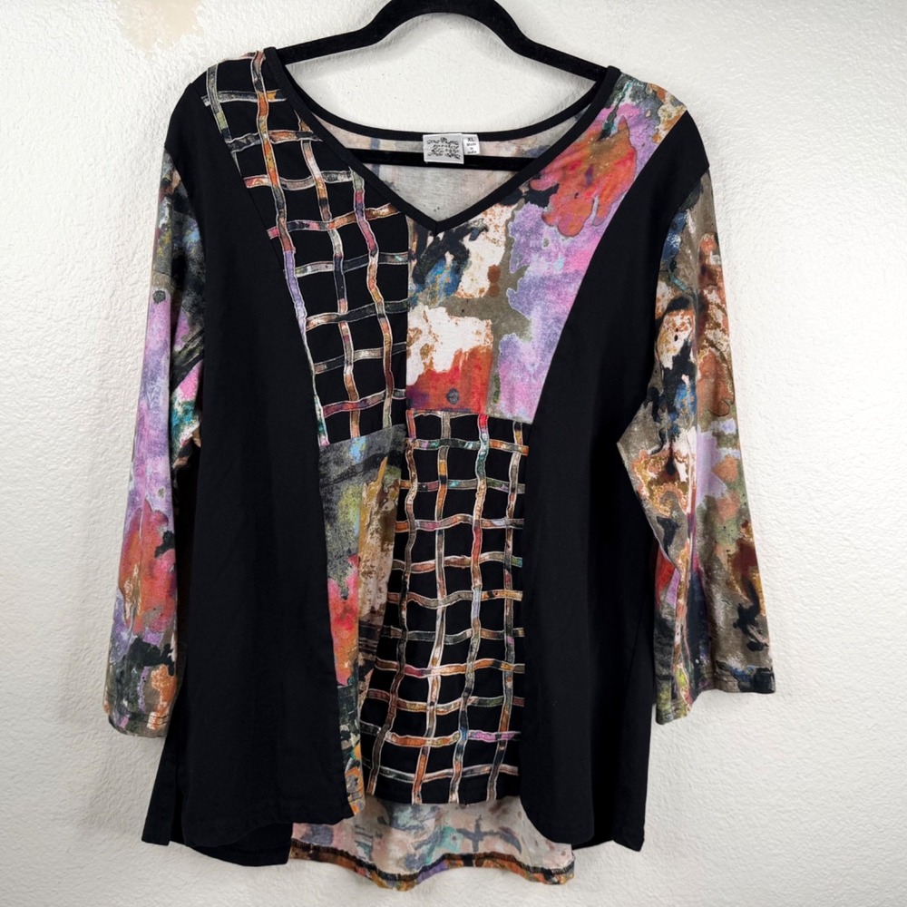 Parsley and Sage Women's Top Black Sz XL Dark Floral Lagenlook Artsy Eclectic